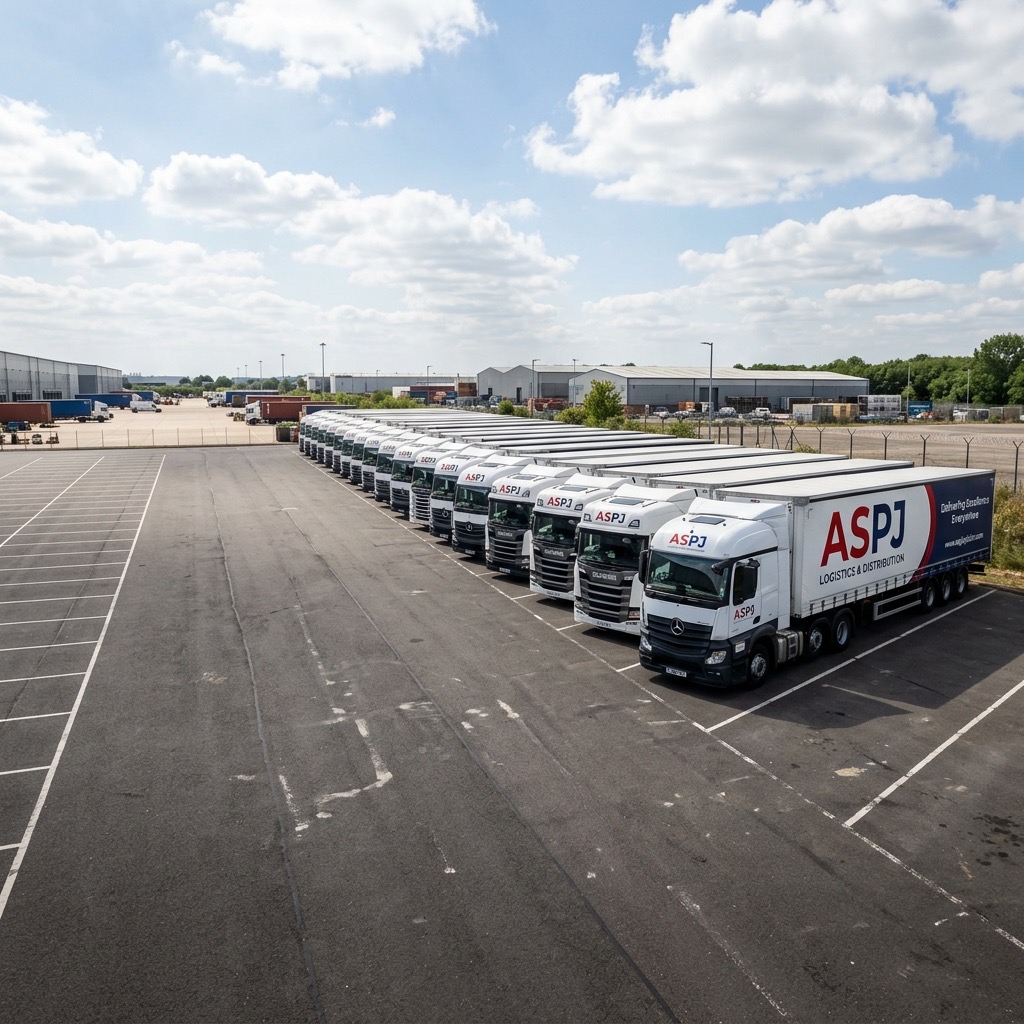 Large fleet of modern white logistics trailer trucks
