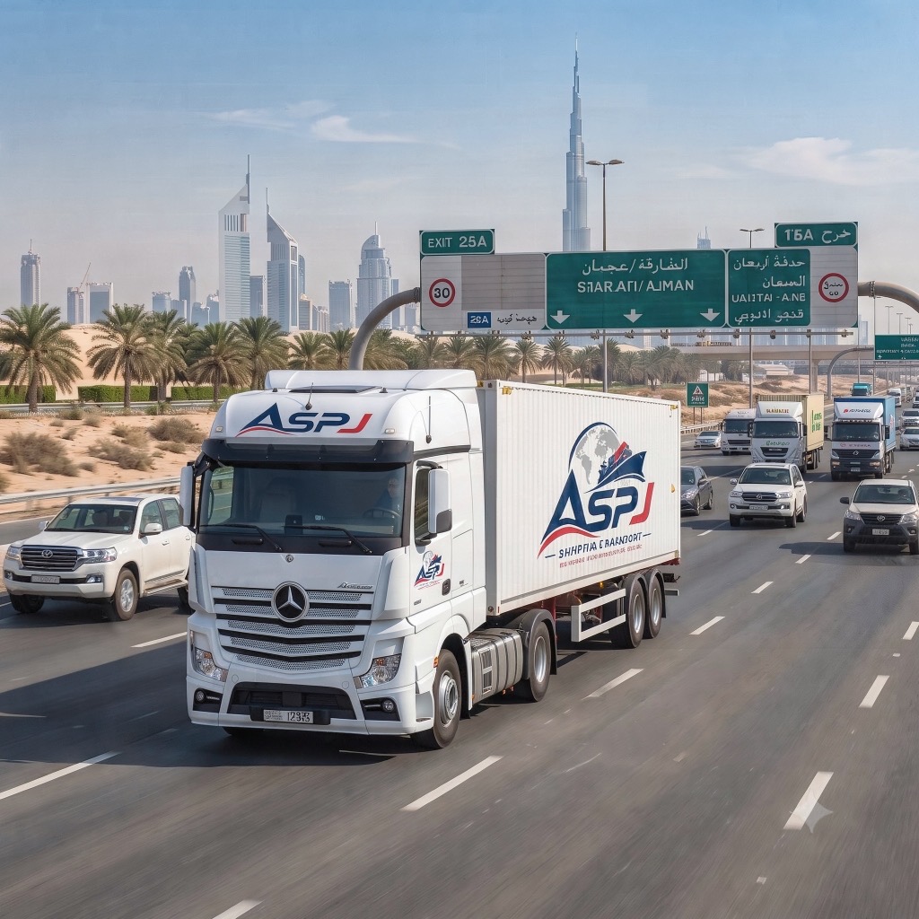 ASPJ Logistics Mercedes-Benz truck driving on highway with Burj Khalifa backdrop